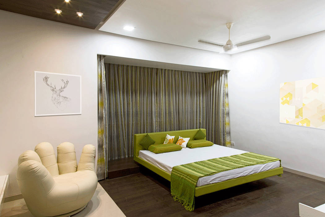 Single Family Private Residence, Ahmedabad, A New Dimension A New Dimension Minimalist bedroom Furniture,Property,Building,Comfort,Textile,Wood,House,Interior design,Flooring,Architecture