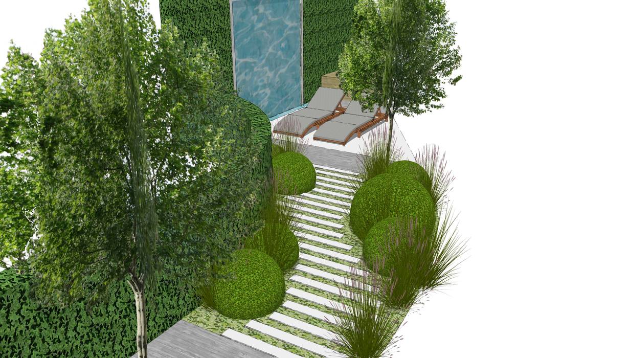 Ivenforth House Aralia Terrazas en el techo Piedra roof,rooftop terrace,rooftop garden,urban,urban garden,living wall,green wall,water feature,sun lounger,outdoor furniture,garden furniture,water wall