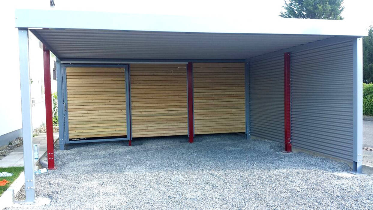 Doppelcarport mit Geräteraum , Carport-Schmiede GmbH & Co. KG - Hersteller für Metallcarports und Stahlcarports nach Maß Carport-Schmiede GmbH & Co. KG - Hersteller für Metallcarports und Stahlcarports nach Maß Carport Besi/Baja