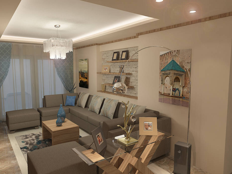recepation area render 1 Quattro designs غرفة المعيشة wood,stone,modern,beige,blue