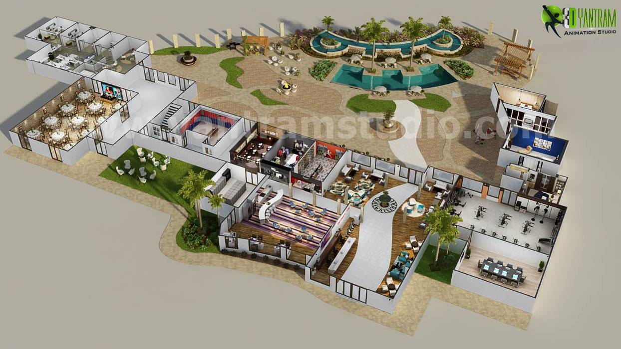 3D Resort Site Plan Layout Concept Design by Yantram online 3d floor plan Liverpool, UK homify Commercial spaces Concrete Hotels