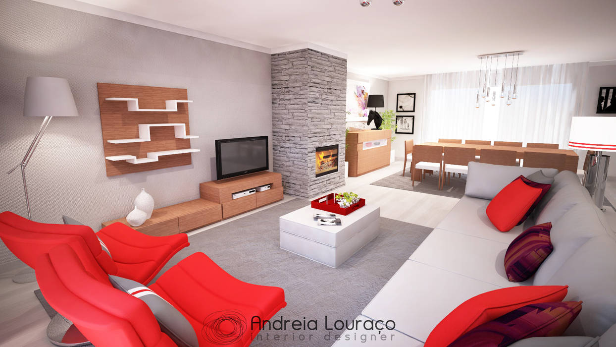 Projecto "Fashionable Red" By Atelier Andreia Louraço, Andreia Louraço - Designer de Interiores e Exteriores (Email: atelier.andreialouraco@gmail.com) Andreia Louraço - Designer de Interiores e Exteriores (Email: atelier.andreialouraco@gmail.com) Salas de estar modernas