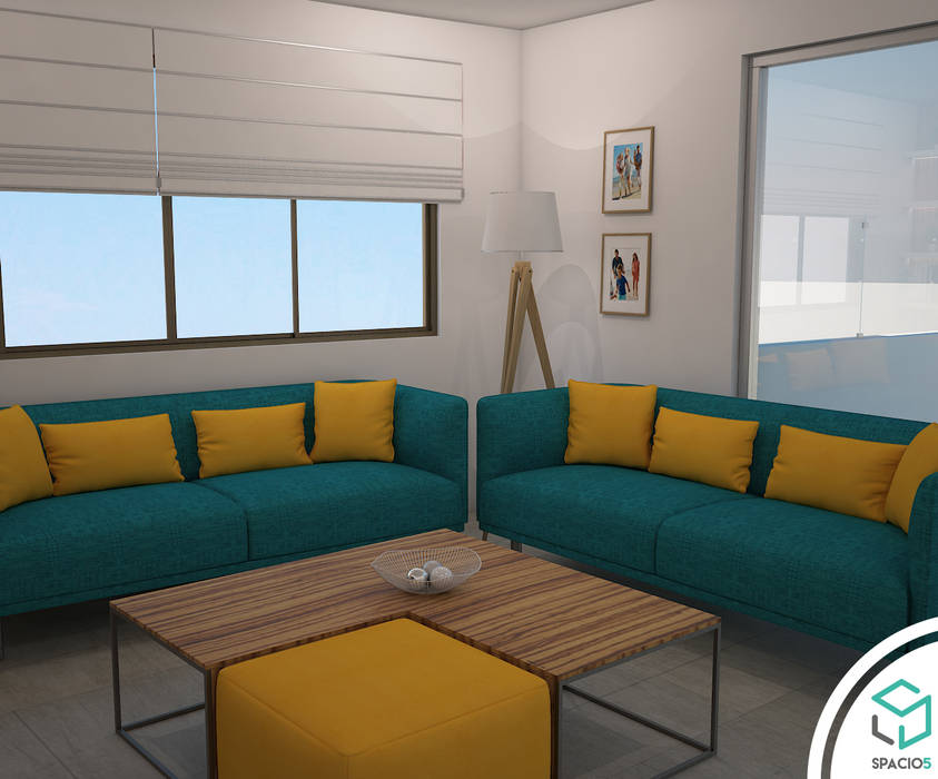 Muebles con mucho color Spacio5 Balcones y terrazas modernos Madera Acabado en madera puff,sofás,terraza,sala,sala de estar,estar