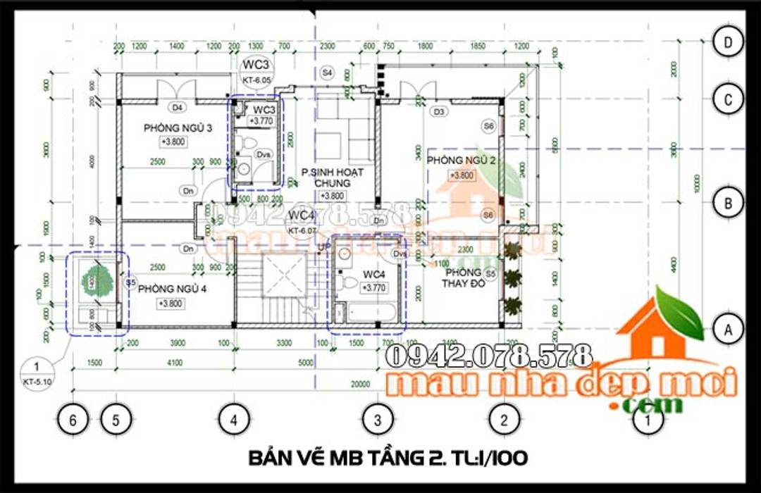 Bản vẽ phương án mặt bằng tầng 2 Công ty TNHH TKXD Nhà Đẹp Mới Biệt thự