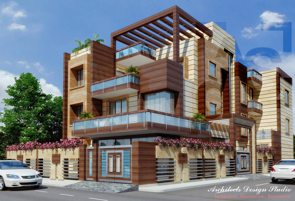 External Facade for Residence in Noida Architects Design Studio Architects and Interior Designers in Delhi Bungalows Land vehicle,Sky,Car,Automotive parking light,Cloud,Property,Wheel,Vehicle,Tire,Building