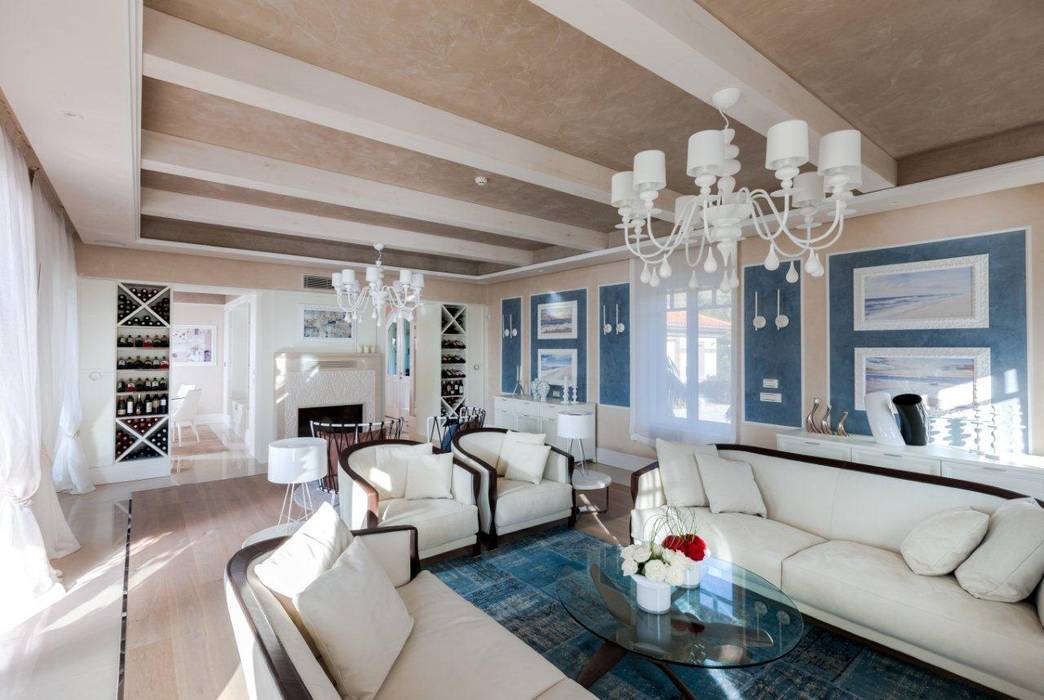 Villa Olivia, una residenza di lusso con vista mozzafiato sull’Egeo e spiaggia privata, Studio D73 Studio D73 Phòng khách phong cách Địa Trung Hải