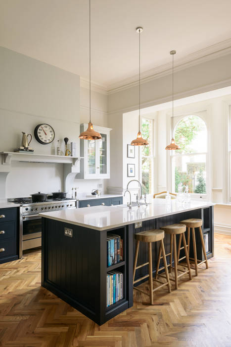 The Crystal Palace Kitchen by deVOL deVOL Kitchens Kitchen units Blue parquet floor,shaker kitchen,pendant lighting,copper,wood,style,family,island