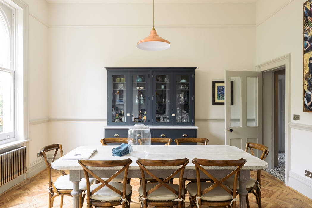 The Crystal Palace Kitchen by deVOL deVOL Kitchens Kitchen units dresser,dark blue,paint,copper pendant,dining table,open plan,living,marble worktop