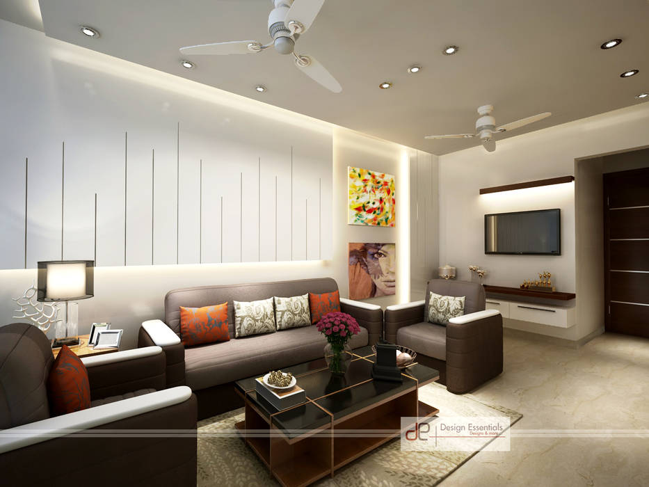Residence at Dwarka, Design Essentials Design Essentials Modern living room Couch,Furniture,Property,Picture frame,Table,Interior design,Lighting,Orange,Living room,studio couch