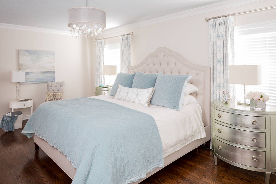 Tranquil Master Bedroom Frahm Interiors Classic style bedroom blue,custom drapery,tufted bed,hardwood floors,caracole
