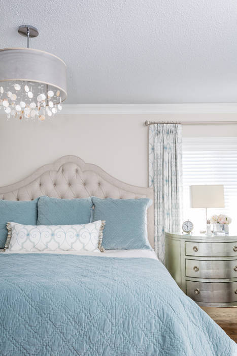 Tranquil Master Bedroom Frahm Interiors Classic style bedroom chandelier,coverlet,linen,tufted bed,custom drapery,blue,white,caracole