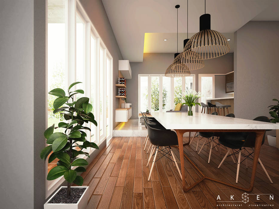 Design Dining Room HS House , aksen architectural visualization aksen architectural visualization ห้องทานข้าว ไม้จริง Multicolored