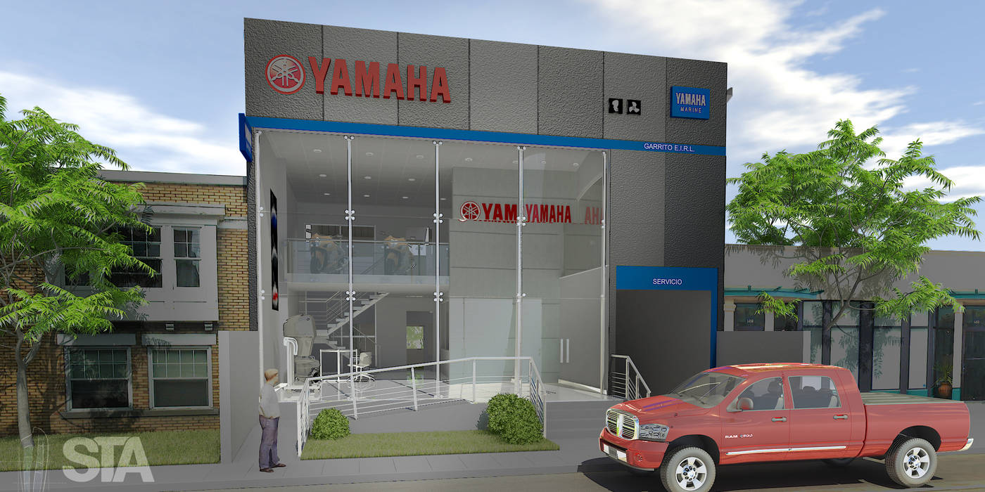 Tienda Yamaha - Vista Exterior Soluciones Técnicas y de Arquitectura Espacios comerciales sta,arquitectura,concesionario,carros,autos,fachada,mamparas,lunas,logo,automoviles,camionetas,Concesionarios