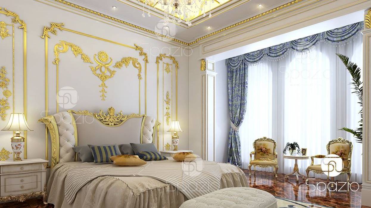 Royal classic master bedroom interior design in Dubai Spazio Interior Decoration LLC Classic style bedroom royal bedroom,master bedroom,luxury master design,luxury bedroom,bedroom design,bedroom interior,dubai,classic bedroom,palace interior