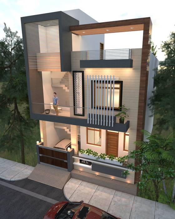 Jain's House, Ravi Prakash Architect Ravi Prakash Architect Villas Stone Plant,Building,Wood,Urban design,Tree,Rectangle,Facade,Roof,Landscape,Grass