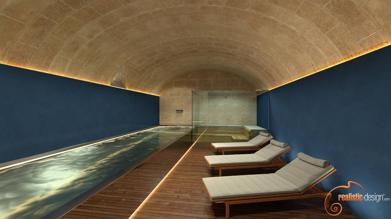 Proyectos 3D de spas, gimnasios y bañeras de hidromasaje, Realistic-design Realistic-design ซาวน่า