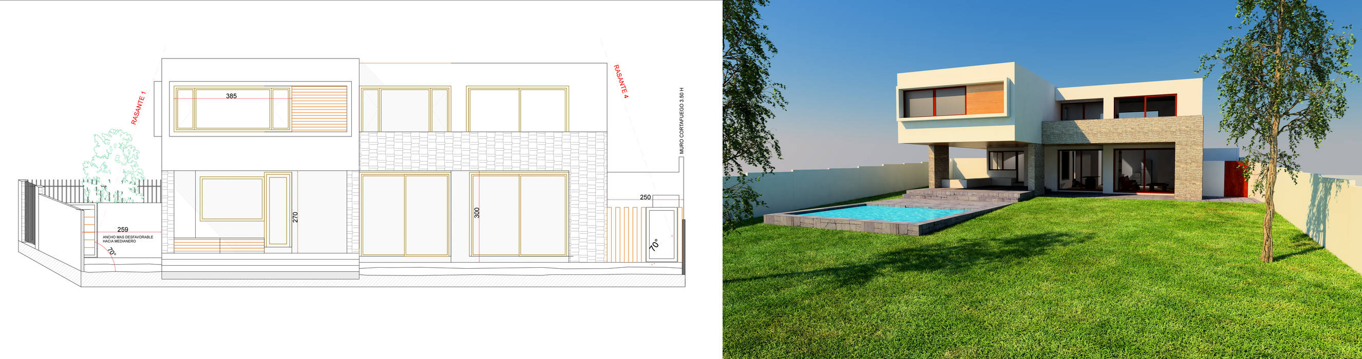 Fachada + Render Proyecto casa BL piedra roja - Chicureo. MJO ArqDesign