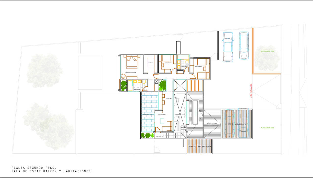 Planta Segundo Piso. Proyecto casa BL piedra roja - Chicureo. MJO ArqDesign planimetria,planos,arquitectura,dormitorio,sala de estar,doble altura,moderno