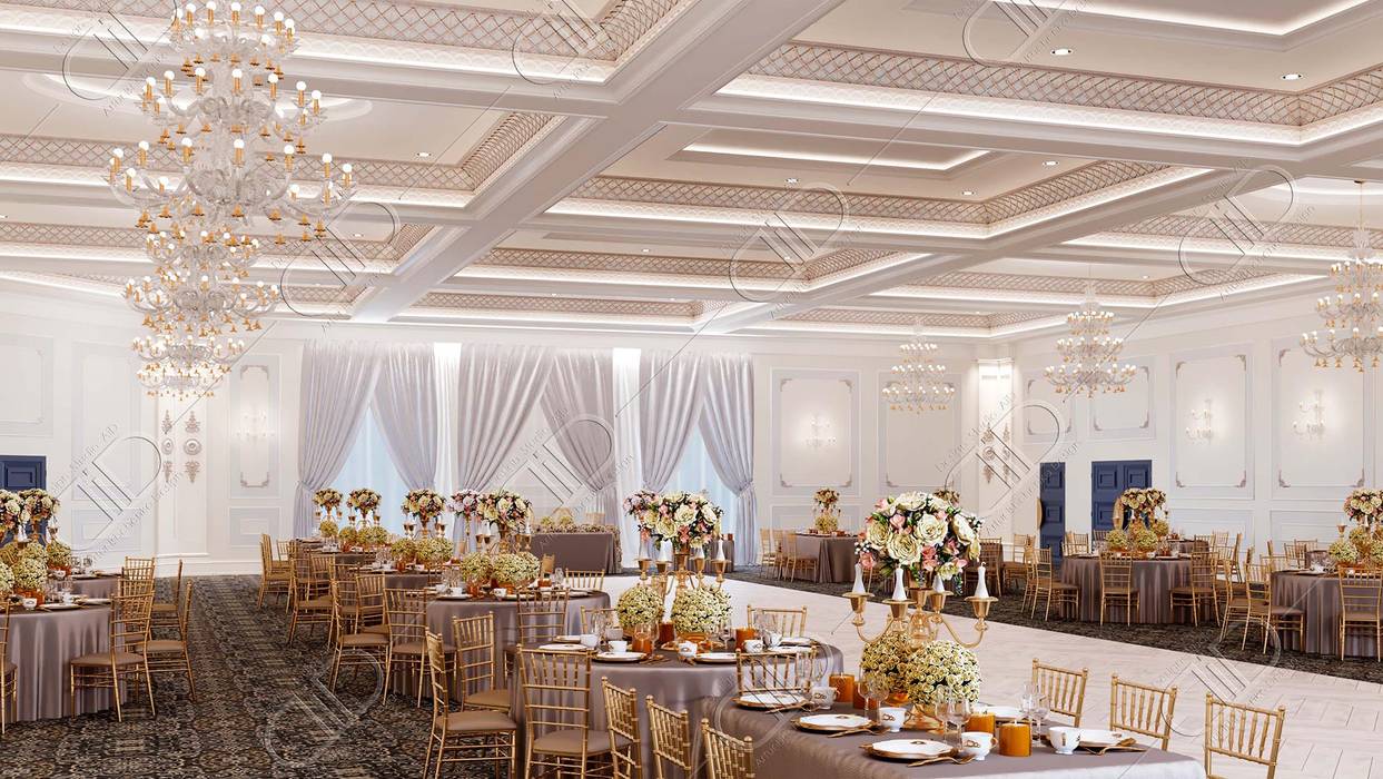 Royal Venetian Banquet Hall, Design Studio AiD Design Studio AiD Media room Table,Furniture,Decoration,Chair,Tableware,Tablecloth,Plant,Lighting,Hall,Interior design