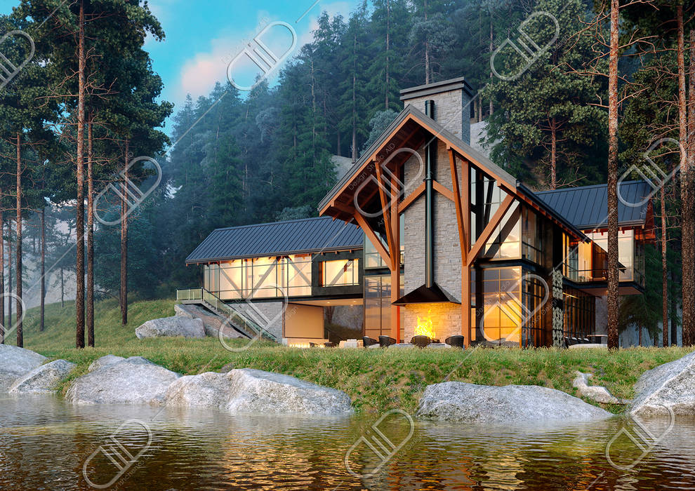 Architectural Design and Visualization, Design Studio AiD Design Studio AiD Rustic style house Water,Plant,Tree,Building,Nature,Natural landscape,Sky,House,Biome,Watercourse