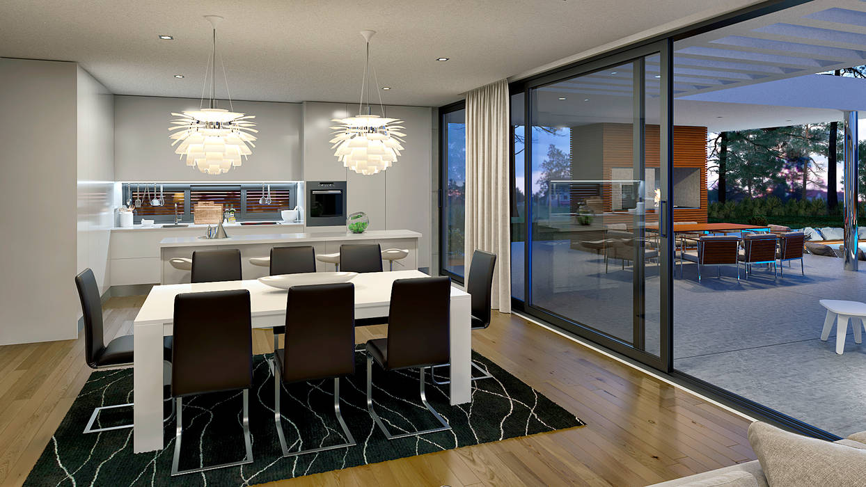 CASA MP1 - Moradia na Herdade da Aroeira - Projeto de Arquitetura - sala cozinha Salas de jantar modernas por Traçado Regulador. Lda Moderno Madeira Acabamento em madeira