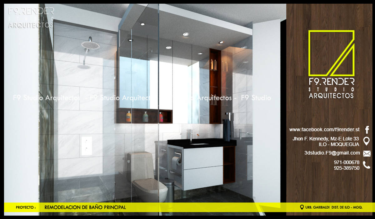Vista Lateral de Baño Principal F9.studio Arquitectos Baños modernos Granito mobiliario para el baño,piso de baño,espejo de baño,BAÑO
