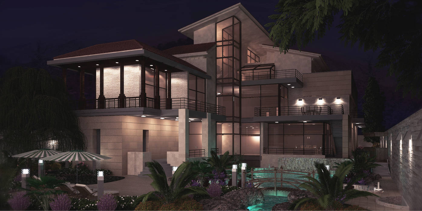 Night Shot SPACES Architects Planners Engineers Modern Houses Hebron,Palestine,Villa,private,modern,architecture,exterior,residential,مشروع,سكني,فيلا,فلسطين