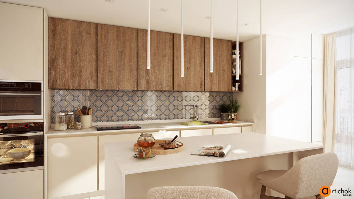 Дизайн интерьера кухни в белом и коричневом цвете Artichok Design Встроенные кухни белая кухня,дерево,натуральные цвета,контемпорари,гостиная,студия