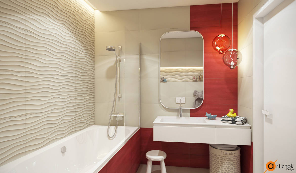 Дизайн детского санузла Artichok Design Ванная комната в стиле минимализм освещение ванной,ванная для детей,зеркало в ванной