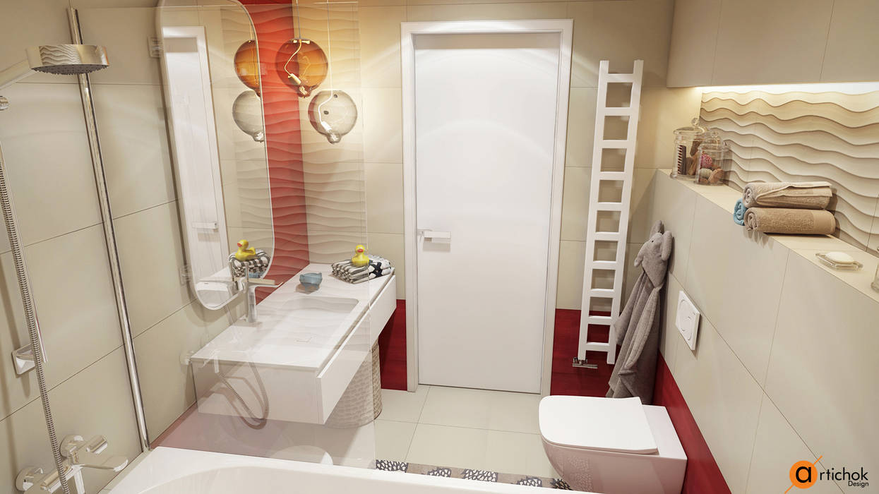 Санузел для детей в красном и бежевом цвете Artichok Design Ванная комната в стиле минимализм ванная для детей