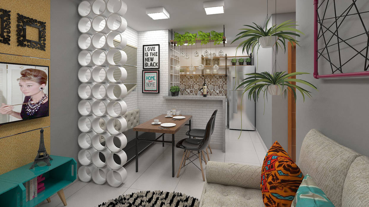 Ambiente integrado Plano A Studio Salas de estar industriais sala de estar,diy,cozinha branca,Sala de Jantar