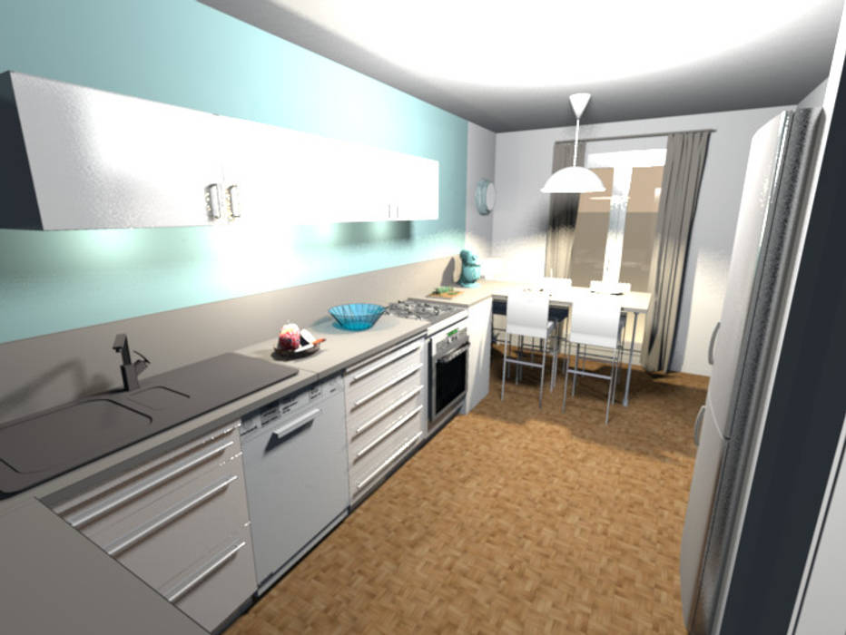 Projet en 3D Scènes d'Intérieur Éléments de cuisine Maison container,projet,agencement,aménagement cuisine,vert céladon,cuisine blanche