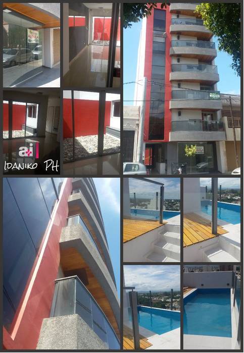 Edificio Idánico Estudio A+I Condominios edificio,pileta de jardín,terraza,rojo,madera,deck,moderno,departamentos