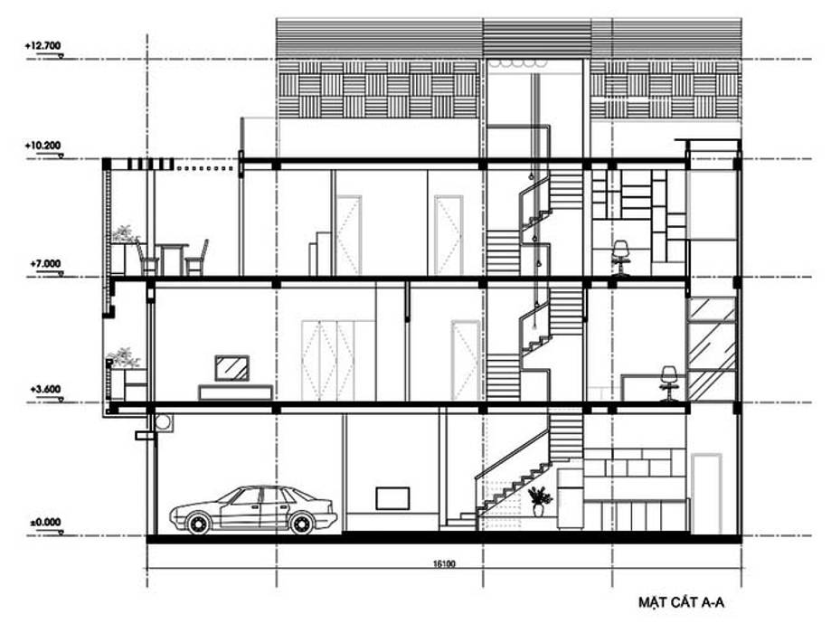 Bản vẽ mặt cắt mẫu thiết kế nhà ống 3 tầng 1 tum Công ty TNHH Xây Dựng TM – DV Song Phát Nhà gia đình