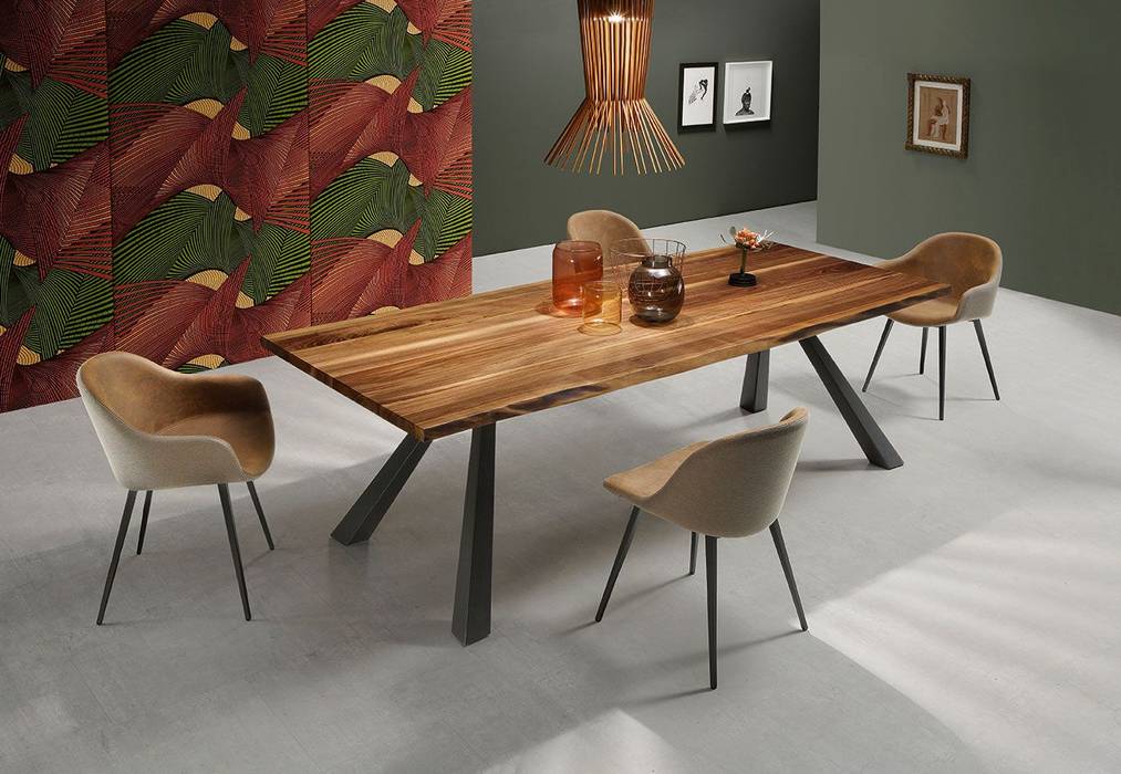 Mesa de jantar com tampo de madeira natural Dining table with natural wood top www.intense-mobiliario.com SUEZ , Intense mobiliário e interiores Intense mobiliário e interiores モダンデザインの ダイニング テーブル