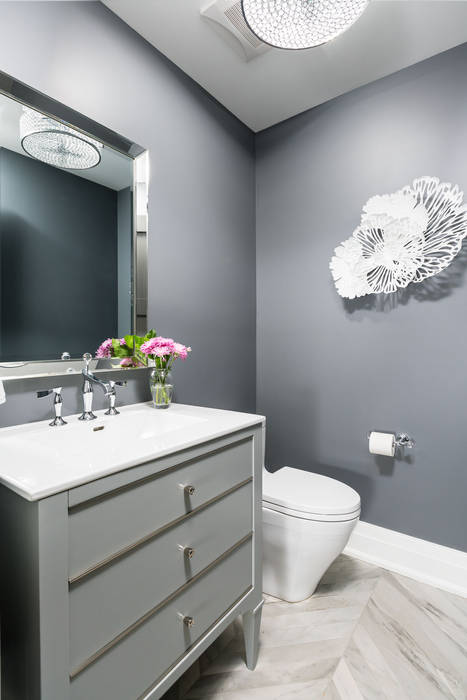 Powder Room Frahm Interiors Modern bathroom wall sculpture,grey,vanity,chevron