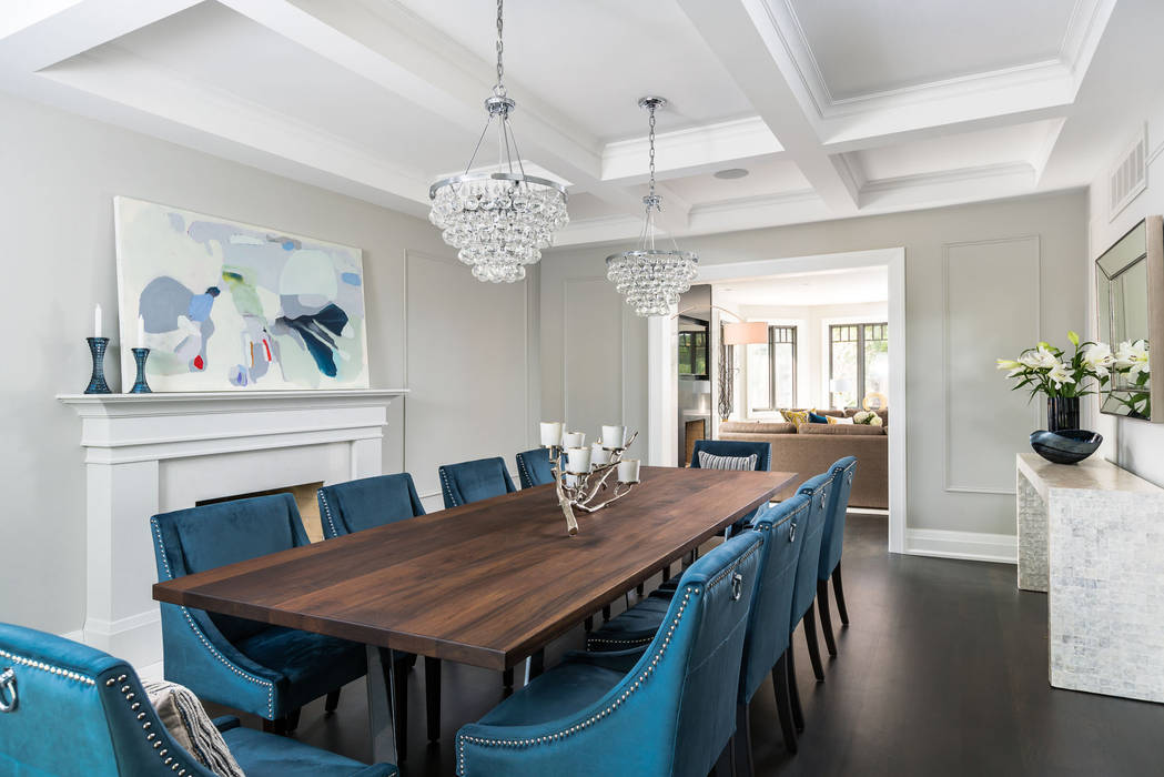 Casually Elegant Dining Frahm Interiors Modern dining room blue velvet,walnut,chandelier,coffered ceiling