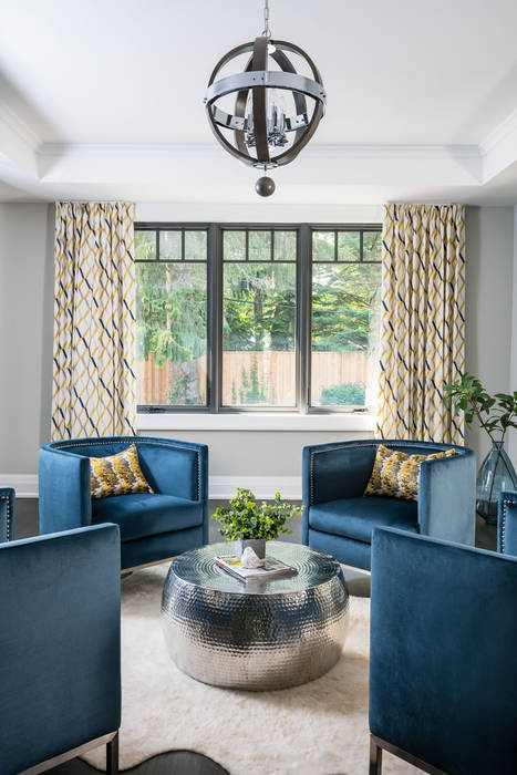 Sitting room Frahm Interiors Modern living room blue velvet,custom drapery,yellow,hide rug