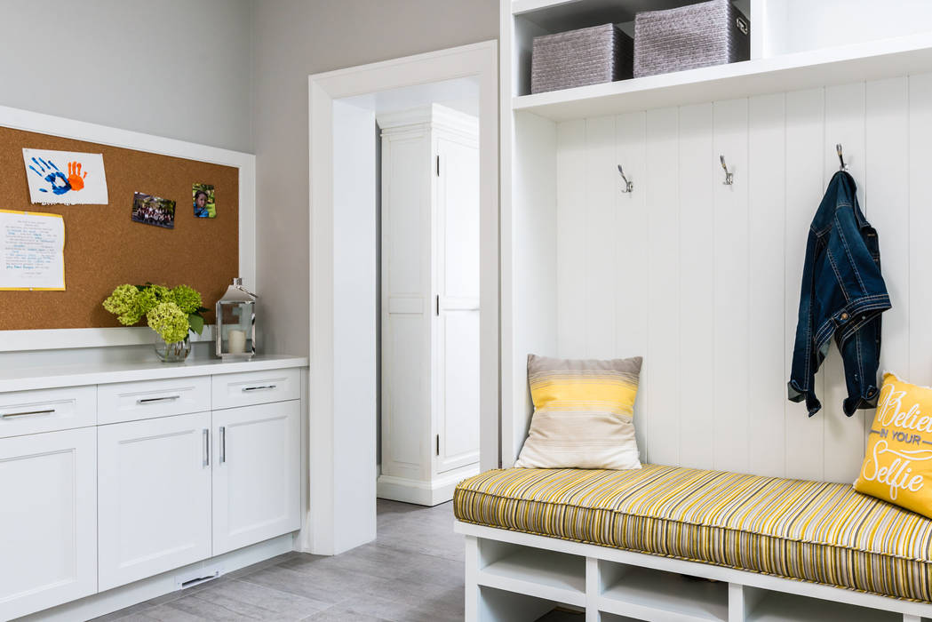 Functional mudroom Frahm Interiors Modern Corridor, Hallway and Staircase mudroom,bench,built-ins,tile,corkboard,baskets,grey,yellow