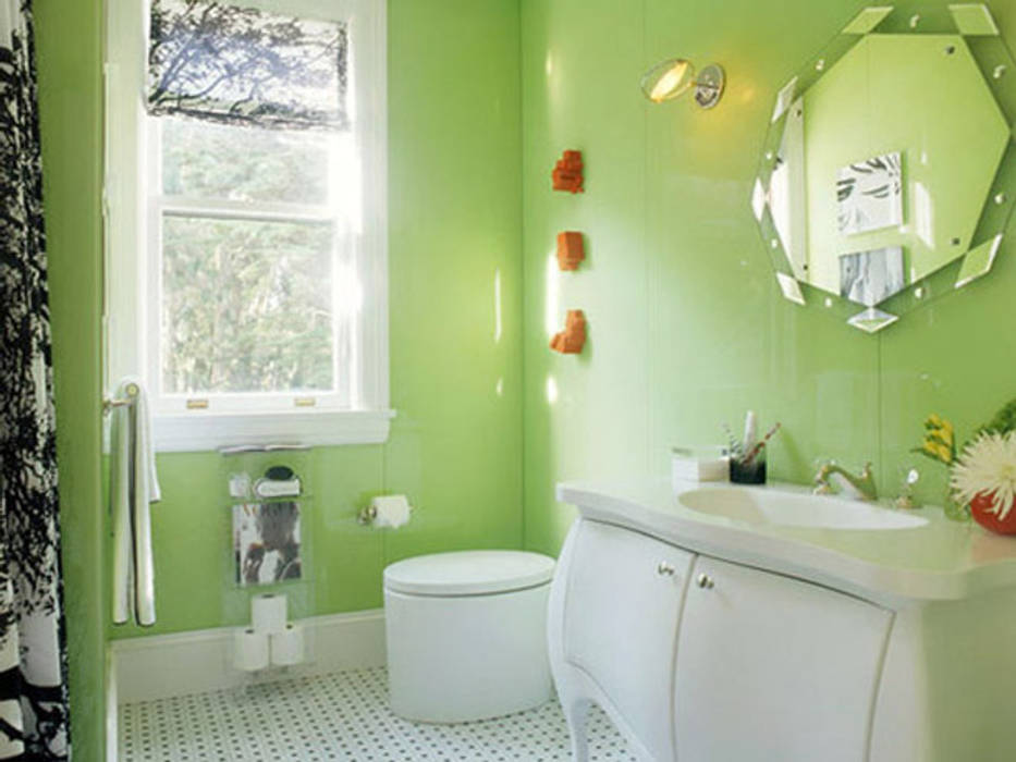 Vẫn là tông màu trắng kế hợp xanh lá cây chủ đạo. Công ty TNHH TK XD Song Phát Phòng tắm phong cách châu Á Đồng / Đồng / Đồng thau