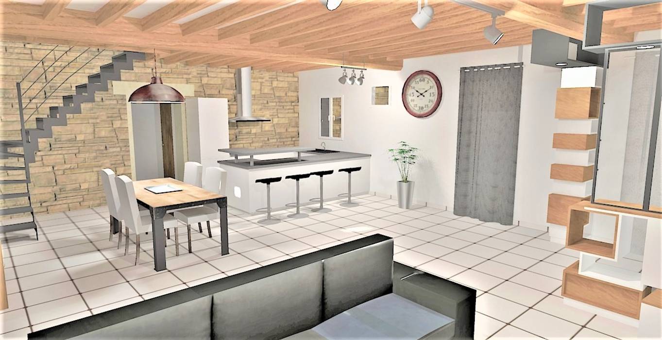 ​Création d'un espace entrée et Réaménagement de l'espace salon / salle à manger Atelier Créa' Design Salle à manger industrielle