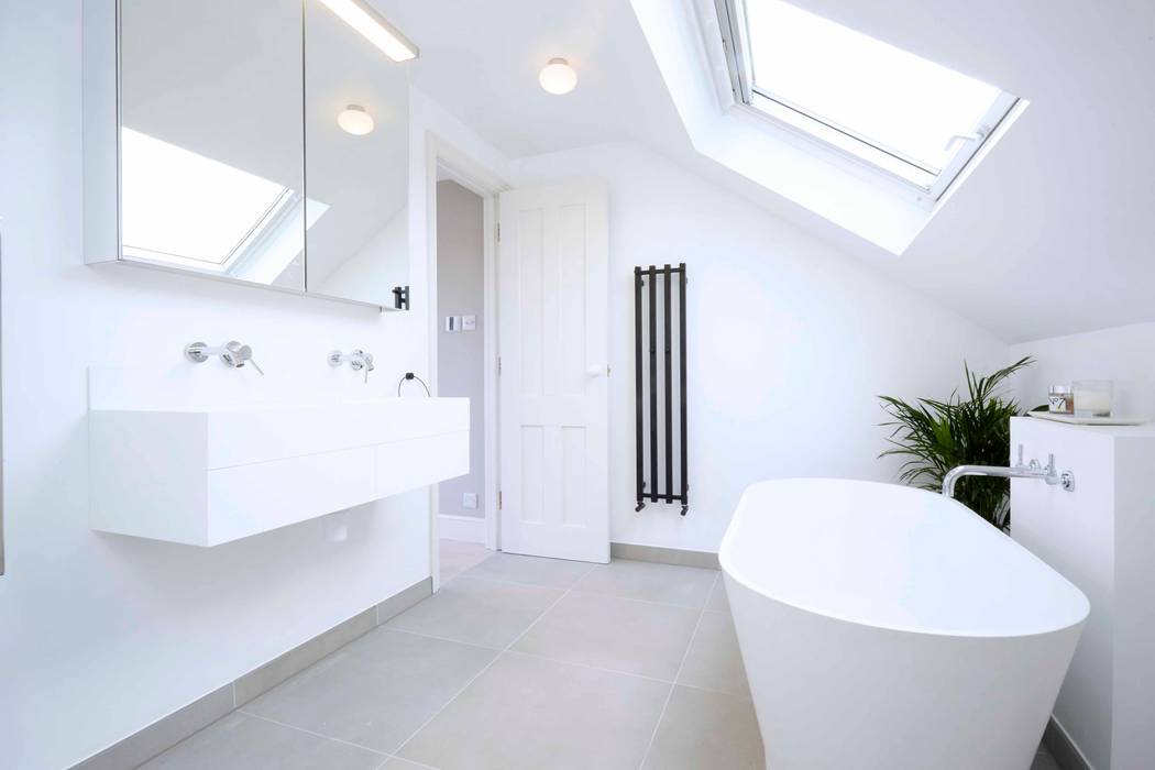 loft bathroom Studio AVC Modern bathroom loft conversion,free standing bath,freestanding bathtub,bathroom floor,bathroom lighting,bathroom furniture,bathroom mirror,skylights,bathroom sink