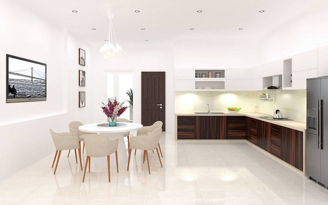 Thiết kế nội thất khu bếp ăn cân đối và hợp lý phù hợp của nhà phố hiện đại. Công ty TNHH TK XD Song Phát Phòng ăn phong cách châu Á Đồng / Đồng / Đồng thau