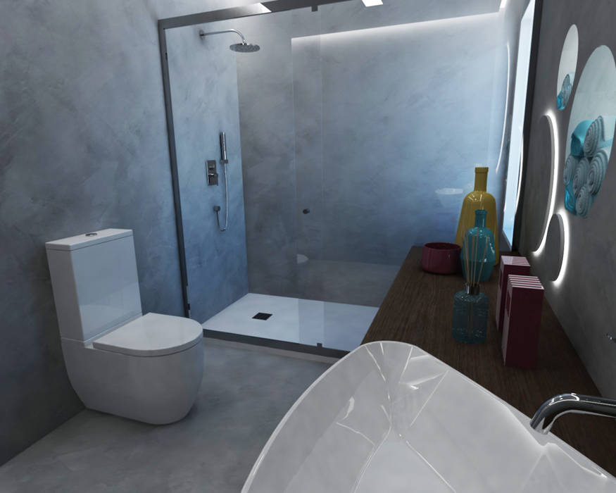 Ambientes 3D de casas de banho Smile Bath, Smile Bath S.A. Smile Bath S.A. Casas de banho modernas sanita one chão,cisterna,kit duche my silver,cimento afagado,cinza