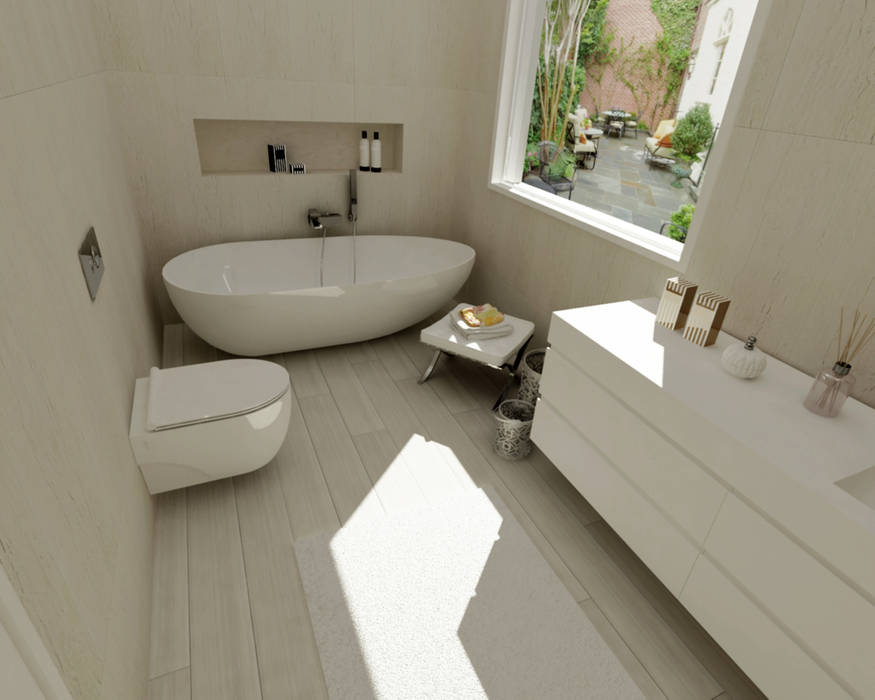 Ambientes 3D de casas de banho Smile Bath, Smile Bath S.A. Smile Bath S.A. Casas de banho escandinavas banheira acrílica,banheira aline,sanita Time,Lavatório por medida,móvel por medida,torneira cubis,chão madeira,branco,solid surface,sanita suspensa