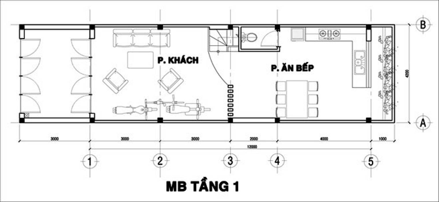 Tầng 1: Gồm có các không gian: sân trước, phòng khách, phòng bếp + ăn, 1 vệ sinh, cầu thang lên tầng. Công ty TNHH Xây Dựng TM – DV Song Phát Nhà gia đình