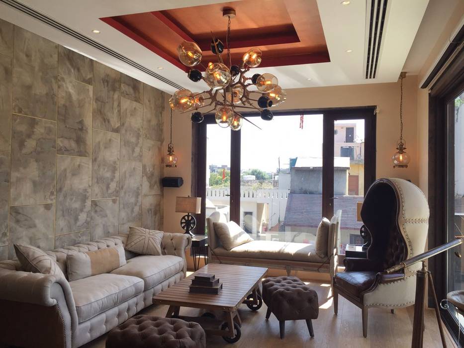 Ashok Vihar Residence - Lighting , Jainsons Emporio Jainsons Emporio Ruang Keluarga Modern Kaca