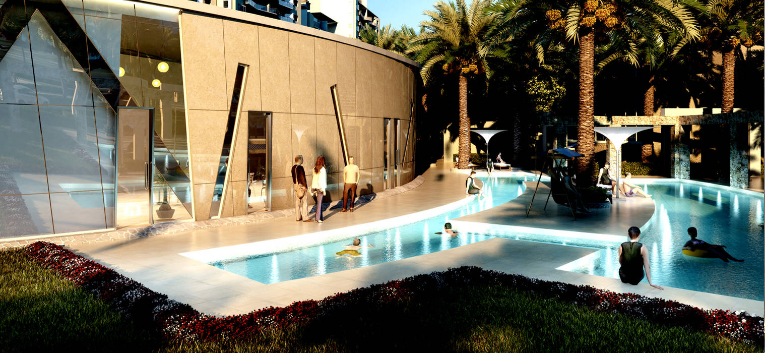 The club with swimming pools NMP Design Modern pool Water,Property,Azure,Swimming pool,Building,Leisure,Real estate,Tree,Arecales,Palm tree