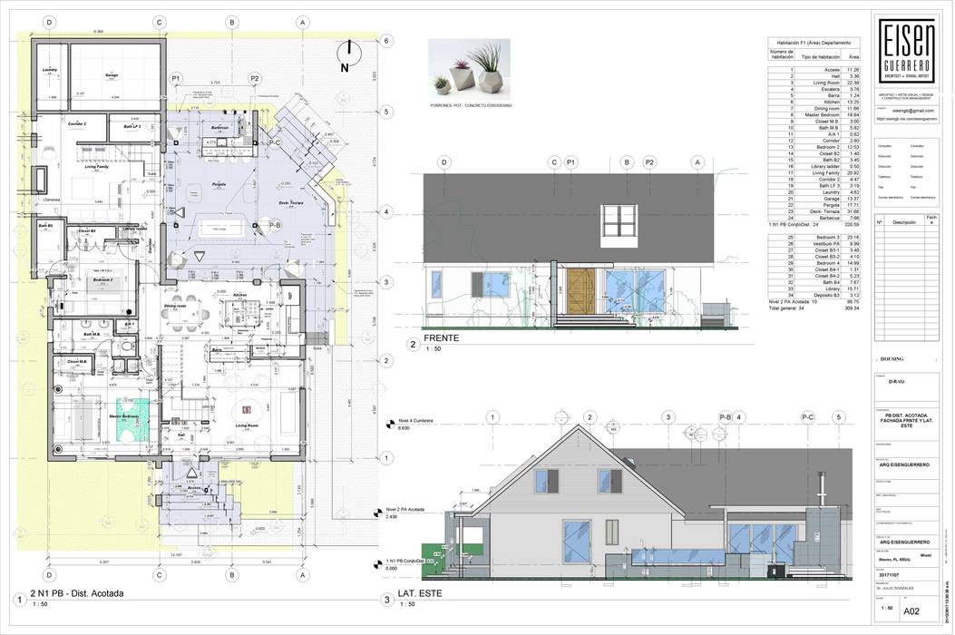 Planta Baja Distribución. Fachada Frontal y Lateral Este. EISEN Arquitectura + Construccion Casas de madera Madera Acabado en madera