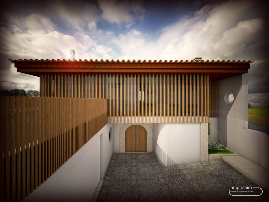 casa H_vista exterior II Emprofeira - empresa de projectos da Feira, Lda. Moradias Madeira Acabamento em madeira remodelaçao,reabilitação,demolição,ampliação,madeira,ripado,janelas,terraço,granito,arquitectura